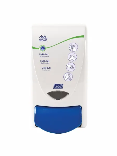 Deb Stoko Cleanse Light -dispenser for rensende kremesåpe, hvit plast, blå trykknapp, 1 L