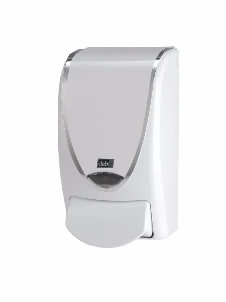 Deb Stoko White Silverline -dispenser, hvit plast med sølvkant, 1 L