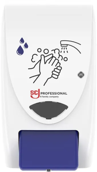 Deb Stoko Cleanse Light -dispenser for kremesåpe med rensende effekt, hvit plast, blå knapp, 2 L